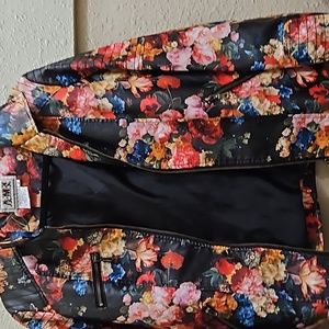 Trade or make offer on Black floral vegan faux- leather jacket.